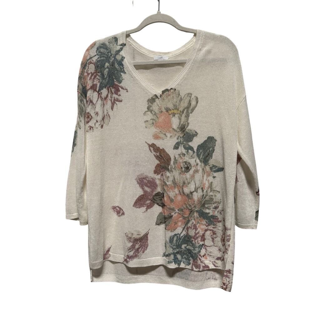 J. Jill Sweater Women's Medium Linen Blend White Floral Coastal Artsy